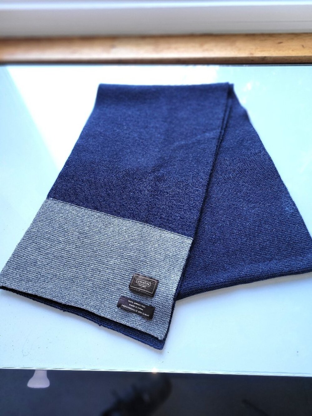 Coach 100% Merino Wool Scarf Navy Blue with Grey Trim